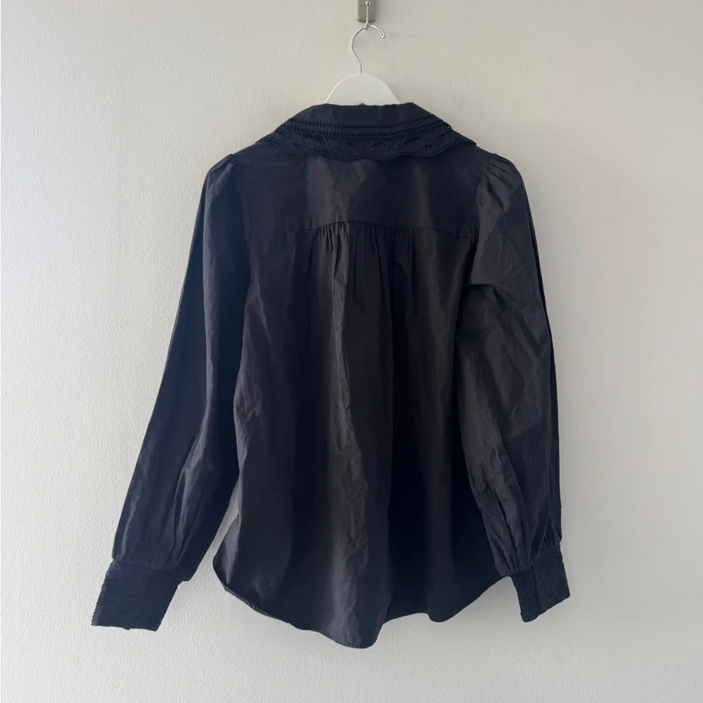 FARM RIO Embroidered Eyelet Puff Sleeve Button Up Black Shirt M